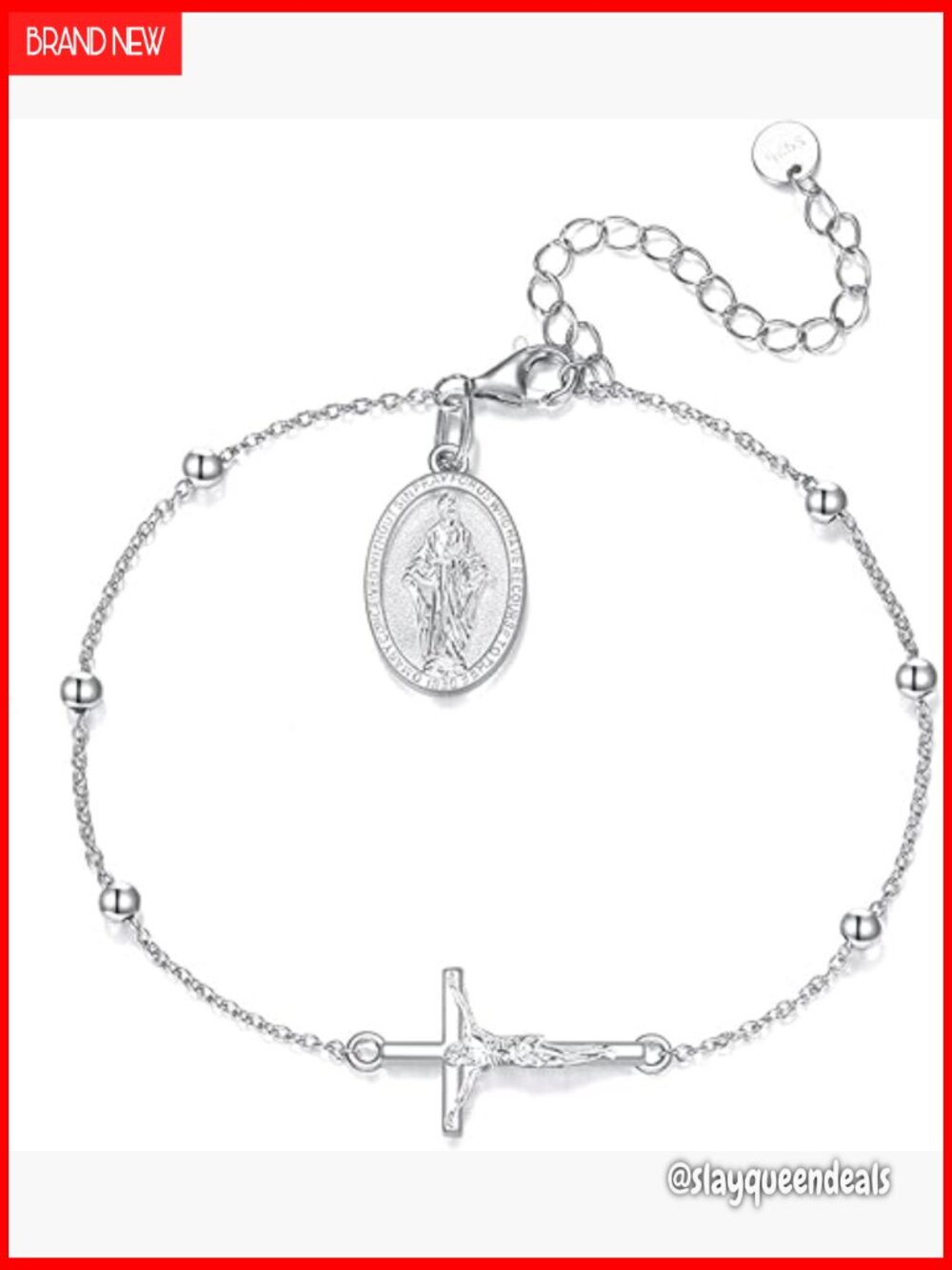 925 Sterling Silver Rosary Bracelet Crucifix Virgin Mary Medal Link Chain